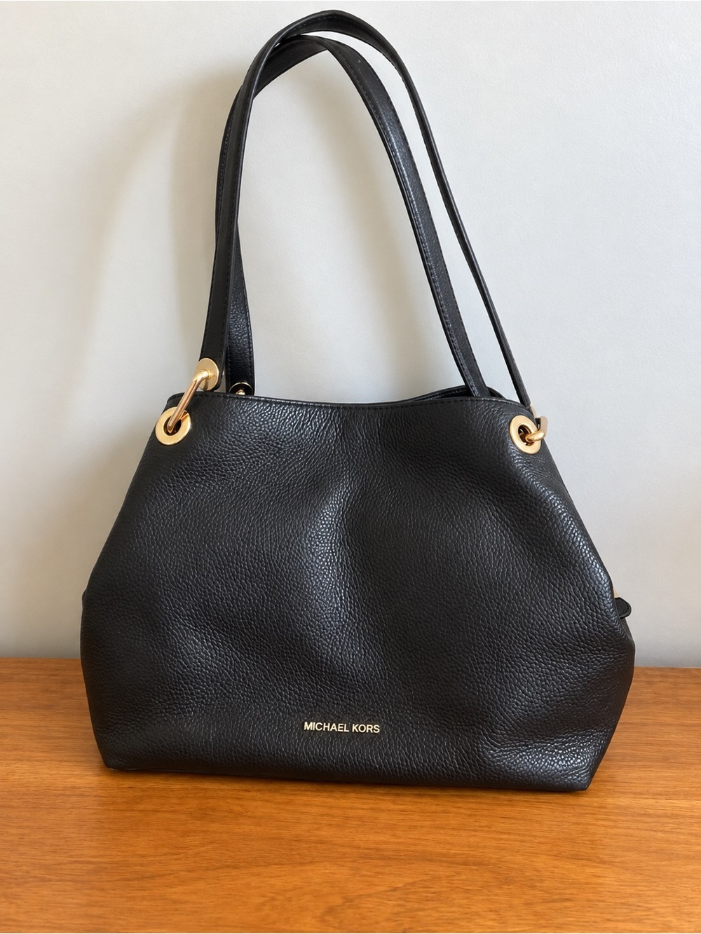 Michael Kors Black Pebbled Leather Shoulder Bag with Gold Hardware